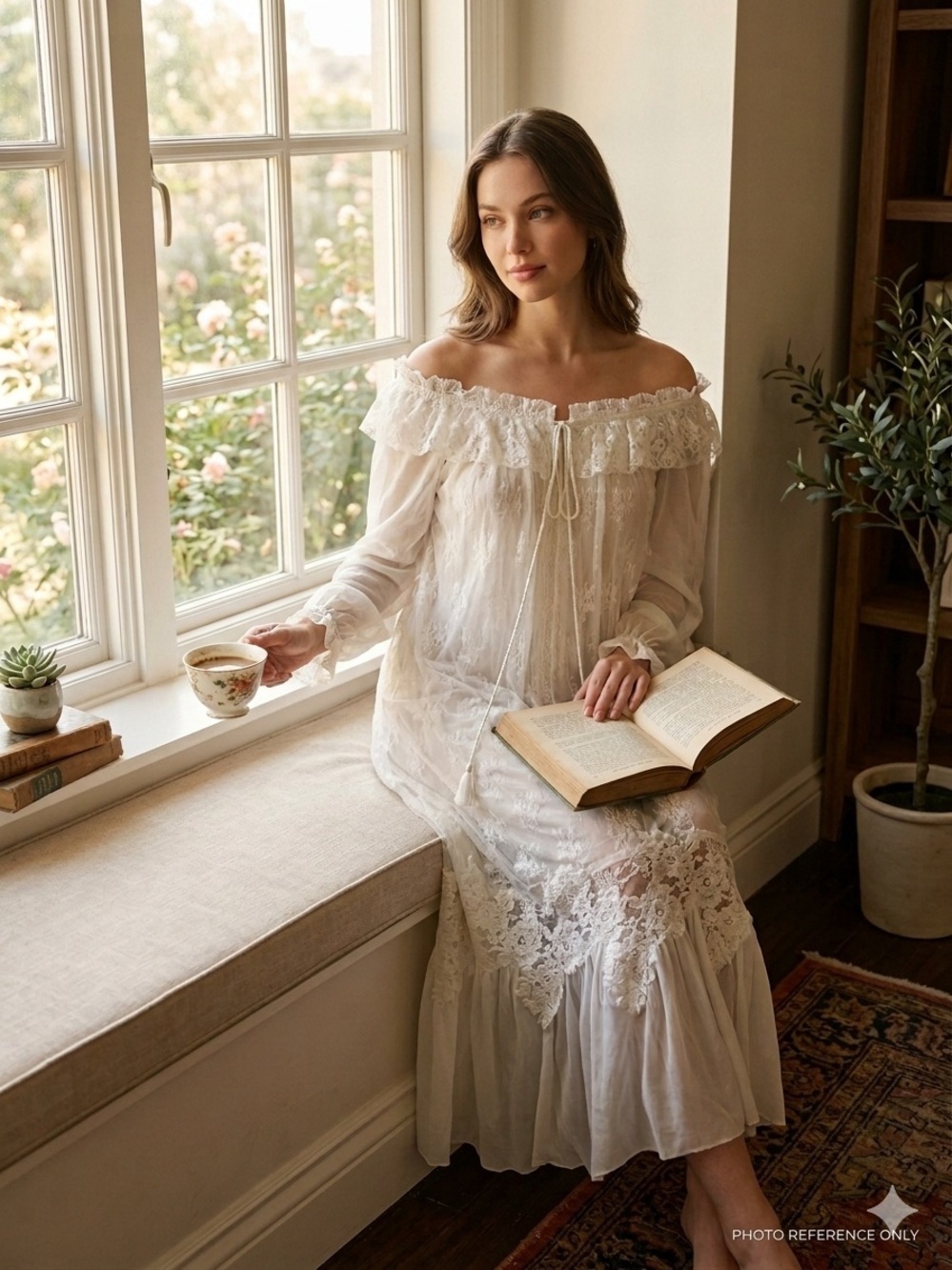 Pink Goddess White Lace Midi Dress Off-the-Shoulder Romantic Cottagecore M
